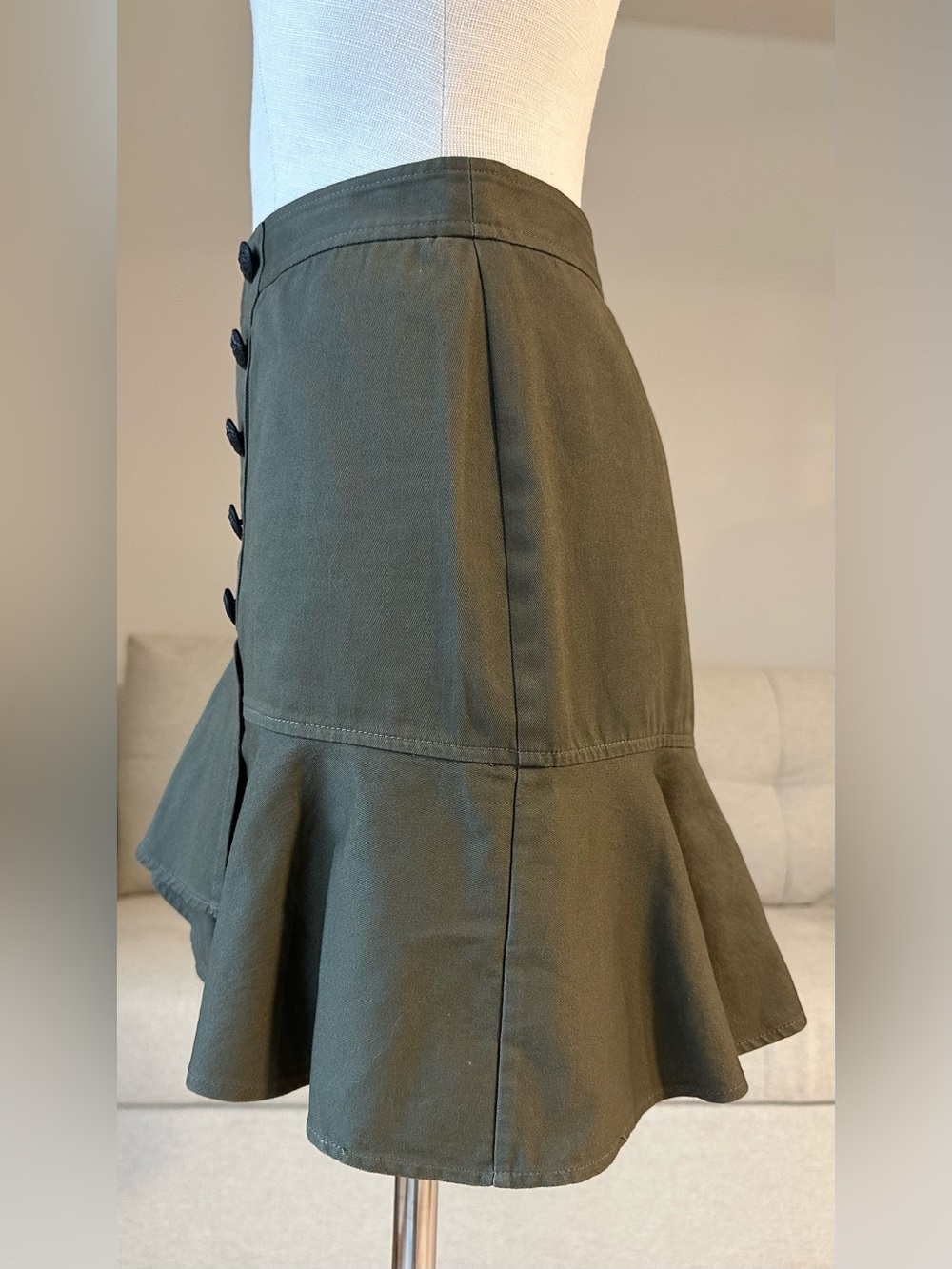 Veronica Beard Olive Green Ruffle Button-Front Skirt Size 10